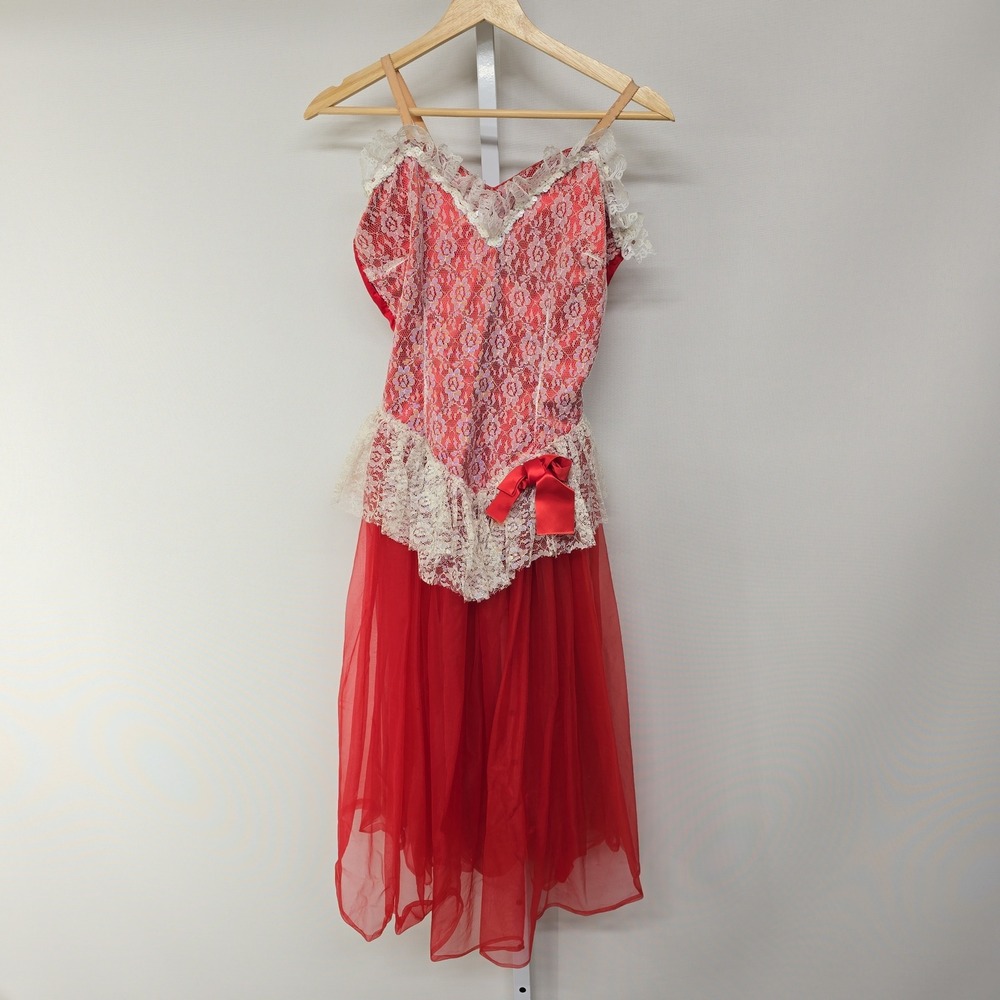 Curtain Call Costumes Vintage Red‎ Lace Tulle Ballet Dance Dress Women Size LT